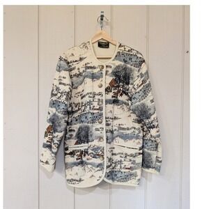 VTG Vitabella Norway 100% Wool Scenic Tapestry Cardigan Jacket Winter Scene M